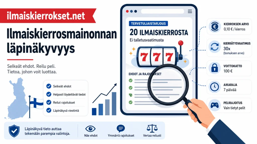 Ilmaiskierrosmainonnan läpinäkyvyys ja bonusehdot kuten kierroksen arvo, kierrätysvaatimus, voittokatto ja aikaraja